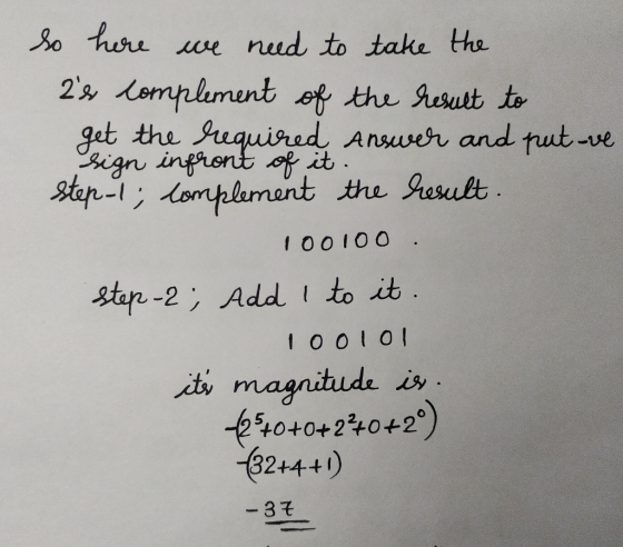 so here we need to take the 2s complement of the result to get the required Answer and put ve sign infront of it. step-1; co