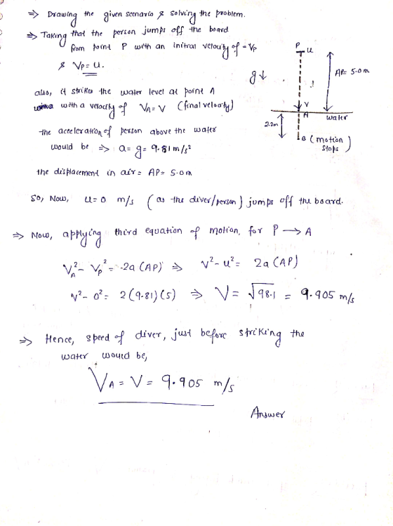 => Drawing the given Scenaria y solving the problem. Taking that the person jumps off the board U from point p with an initia