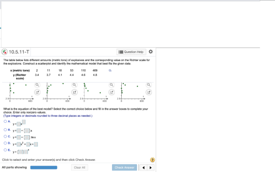I10.5.11-T Question Help The table below lists different amounts (metric tons) of explosives and the corressponding value on