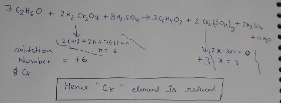 3C2H60 + 2K₂ CrOq+8H₂ Sou > 3G Hy O₂ + 2 crz (sou) + 2K2504 + 11tho oxidation Number 1 2 (+1) + ant 7(-2) = 0 - Me 6 = +6 - (