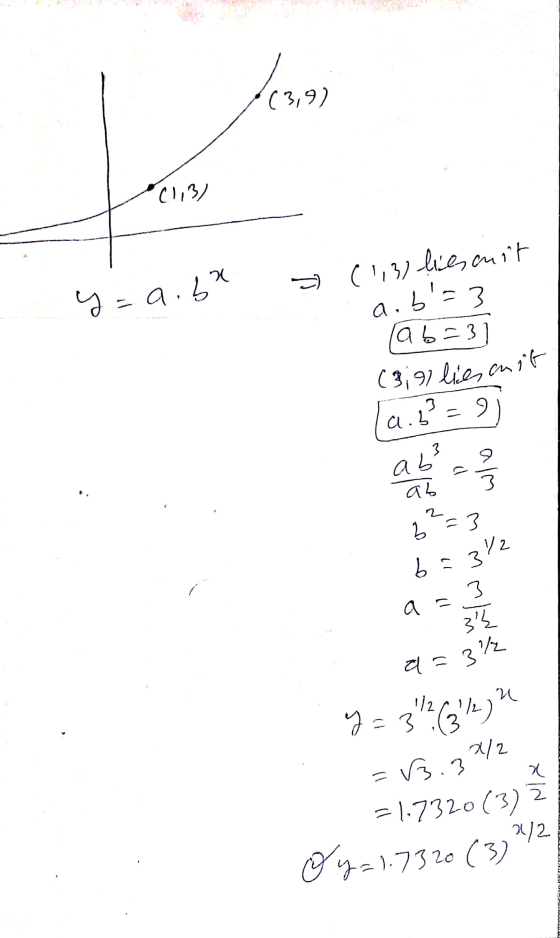 109,9) (3,9) (1,3) 20 y=a.6% > (1,3) liescuit a.b=3 a 623] (3; 97 lies onit (2.6²=9 ab² 2 ab 2²=3 a = b=372 3 32 3/ al = y=3