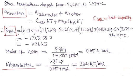- Since temperature cooped from 24.2106 to 212900 arreretrow = Pealorimeter t wwater Cecel = heat eapaetty - Село БТ+ то ця о