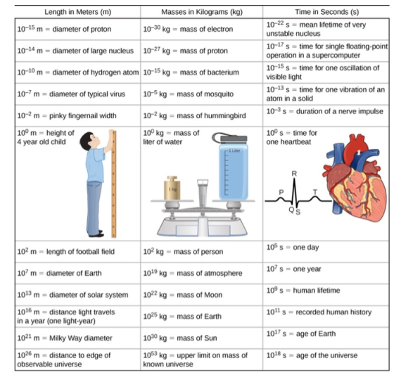 Length in Meters (m) Masses in Kilograms (kg) Time in Seconds (s) 10-15 m diameter of proton 10-14 m diameter of large nucleus 10-27 kg- mass of proton 10-10 m diameter of hydrogen atom 10-15 kg mass of bacterium 10-7 m diameter of typical virus 10-5 kg mass of mosquito 102 m pinky fingernail width 100 m height of 10-22 s = mean lifetime of very unstable nucleus 10-7 s time for single floating-point operation in a supercomputer 10-15 s time for one oscillation of visible light 10-13 s time for one vibration of an atom in a solid 10-3 s duration of a nerve impulse 10-30 kg mass of electron 10-2 kg mass of hummingbird 10° kg mass of liter of water 100 s time for one heartbeat 4 year old child 1 Lner 102 m length of football field 107 m diameter of Earth 1013 m diameter of solar system 022 kg mass of Moon 1016 m distance light travels 105 s one day 10 s - one year 109 s human lifetime 1011 s recorded human history 101 s age of Earth 102 kg mass of person 1019 kg mass of atmosphere in a year (one light-year) 1021 m Milky Way diameter 1026 m distance to edge of 1025 kg mass of Earth 1030 kg mass of Sun 1053 kg upper limit on mass of1018 s-age of the universe known universe