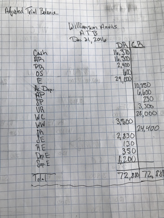 Agusted Trial Balance ch AR PR OS Apep. Williamson Anvils ATB Dec al, 2016 DRICR 16,370) 16.500 2,400 600 29,0001 (10,350 6,6
