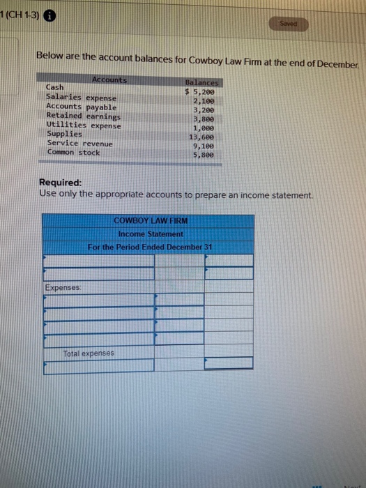1 (CH 1-3) Below are the account balances for Cowboy Law Firm at the end of December Accounts Cash Salaries expense Accounts