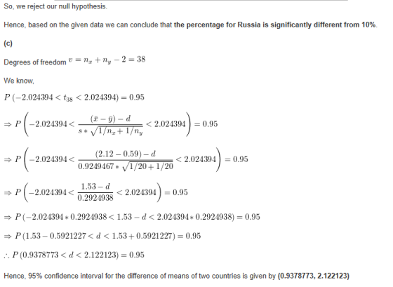 So, we reject our null hypothesis. Hence, based on the given data we can conclude that the percentage for Russia is significa