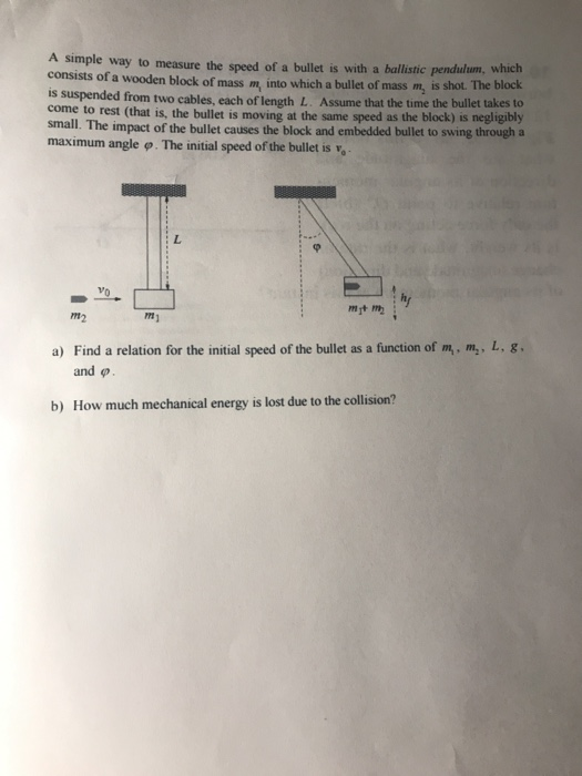 simple way to measure the speed of a bullet is with a ballistic pendulum, which consists of a wooden block of mass m into whi