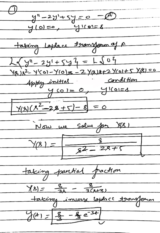 o A y-2yt sy=o y lolo, groles. taking Laplace fronform of A Zy-29 + 544= L Log YE)82- y(o)-Yolg-2 yos8+2 766175 Y6l = 0