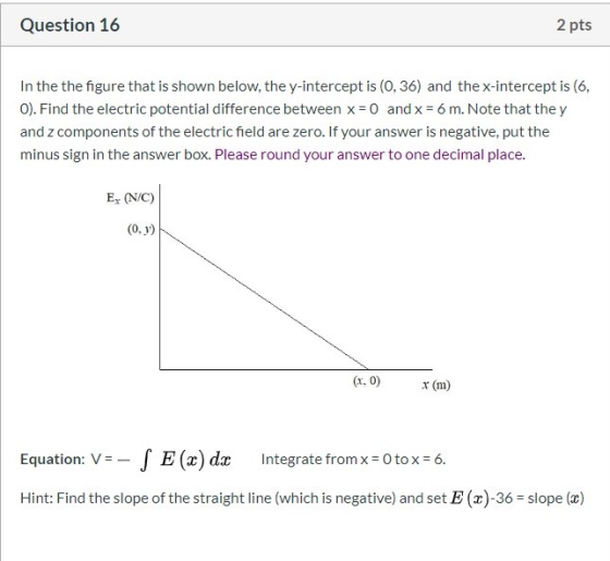 Question 16 2 pts In the the figure that is shown below, the y-intercept is (0,36) and the x-intercept is (6, 0). Find the el