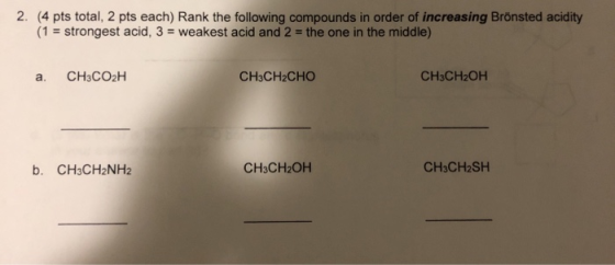2. (4 pts total, 2 pts each) Rank the following compounds in order of increasing Brönsted acidity (1 = strongest acid, 3 = we