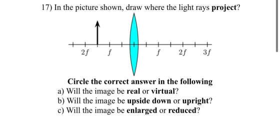 17) In the picture shown, draw where the light rays project? ++ 2f f f 2f 3f Circle the correct answer in the following a) Wi