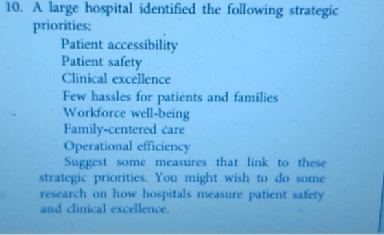10. A large hospital identified the following strategic priorities: Patient accessibility Patient safety Clinical excellence Few hassles for patients and families Workforce well-being Family-centered care Operational efficiency Suggest some measures that link to these strategic priorities. You might wish to do some research on how hospitals measure patient safety and clinical excellence.