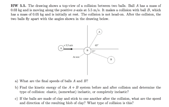 HW 5.5. The drawing shows a top-view of a collision between two balls. Ball A has a mass of 0.03 kg and is moving along the p
