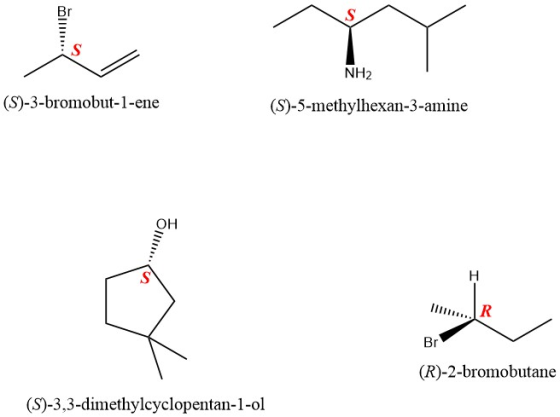IIIII = اب NH2 (S)-3-bromobut-1-ene (S)-5-methylhexan-3-amine IIII1....IR Br (R)-2-bromobutane (S)-3,3-dimethylcyclopentan-1-