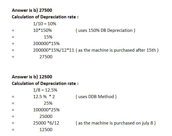 Answer is b) 27500 Calculation of Depreciation rate 1/ 10 10% 10*150% ( uses 150% DB Depreciation) 15% 200000*15% 200000*15%/12*11 (as the machine is purchased after 15th) 27500 Answer is b) 12500 Calculation of Depreciation rate 1/8 12.5% 12.5% * 2 (uses DDB Method) 25% 100000*25% 25000 25000 *6/12 12500 (as the machine is purchased on july 8)