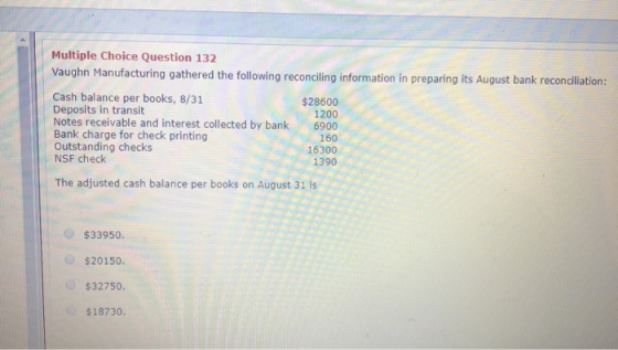 Multiple Choice Question 132 Vaughn Manufacturing gathered the following reconciling information in preparing its August bank