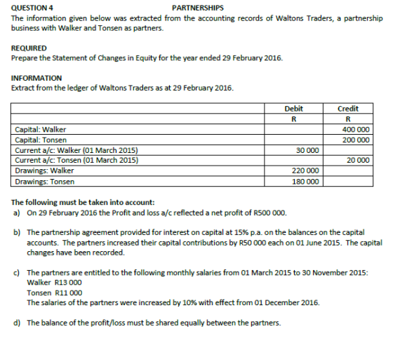 QUESTION 4 PARTNERSHIPS The information given below was extracted from the accounting records of Waltons Traders, a partnersh