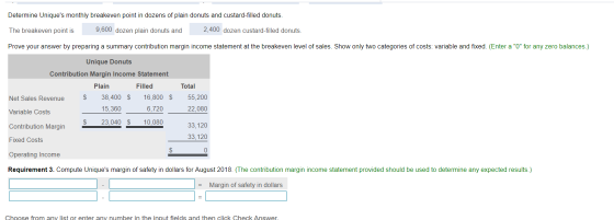 Determine Uniques monthly breakeven point in dozens of plain donuts and custard-filled donuts. The breakeven point is 9,600