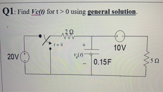 Q1: 1: Find Vc(t) for t> 0 using general solution. w t = 0 + 10V 20V vo(t) i 0.15F 5.92