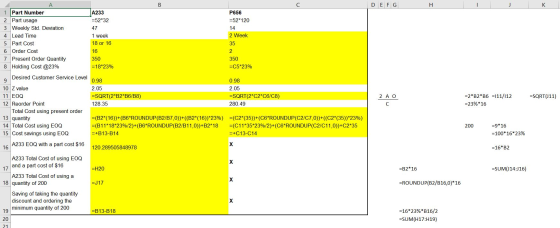 D EFG P656 =52*120 47 14 2 Week 35 16 350 =C5*23% Α 1 Part Number A233 2 Part usage =52*32 3 Weekly Std. Deviation 4 Lead Tim