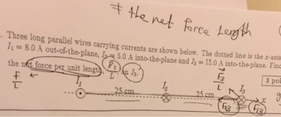 -t net force Three long parallel wires carrying currents are shown below. The dotted line is the li 8.0 A In 5.0 A into and 15.0 A Find the net force per unit len 3 poi