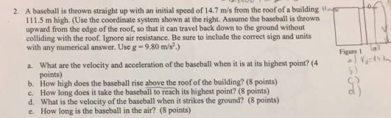 2. A baseball is thrown straight up with an initial speed of 14.7 m/s from the roof of a building Hp 111.5 m high. (Use the coordinate system shown at the right. Assume the baseball is thrown upward from the edge of the roof, so that it can travel back down to the ground without colliding with the roof. Ignore air resistance. Be sure to include the correct sign and units with any numerical answer. Use g 9.80 m/s.) Figure 1 What are the velocity and acceleration of the baseball when it is at its highest point? (4 points) How high does the baseball rise above the roof of the building? (8 points) How long does it take the baseball to reach its highest point? (8 points) What is the velocity of the baseball when it strikes the ground? (8 points) How long is the baseball in the air? (8 points) a. C) d) b. c. d. e.