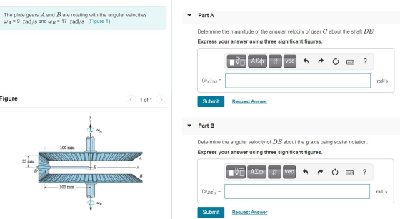 Part A The plate gears A and B are rotating with the angular velocities WA = 9 rad/s and wb = 17 rad/s. (Figure 1) Determine