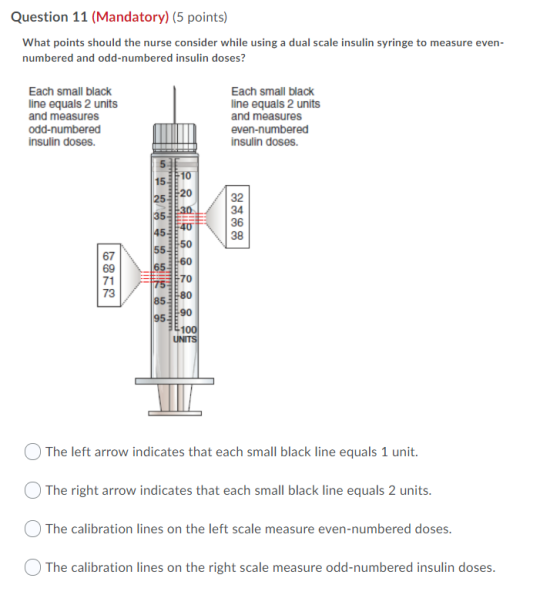 Question 11 (Mandatory) (5 points) What points should the nurse consider while using a dual scale insulin syringe to measure