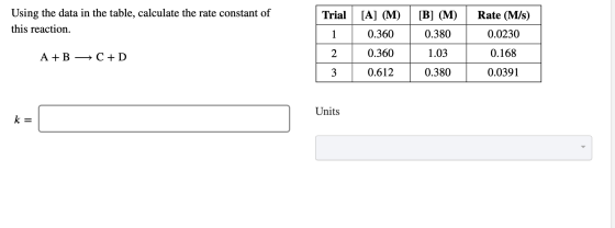Using the data in the table, calculate the rate constant of this reaction. Trial [A] (M) 0.360 0.360 0.612 [B] (M) 0.380 1.03