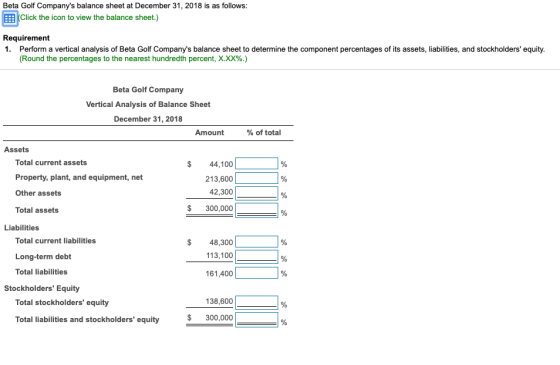 Beta Golf Companys balance sheet at December 31, 2018 is as follows: (Click the icon to view the balance sheet.) Requirement