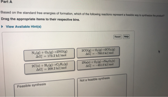 Part A Based on the standard free energies of formation, which of the following reactions represent a feasible way to synthes