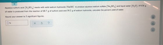 Aqueous sulfuric acid (H2SO4) reacts with solid sodium hydroxide (NaOH) to produce aqueous sodium sulfate (Na2SO) and liquid