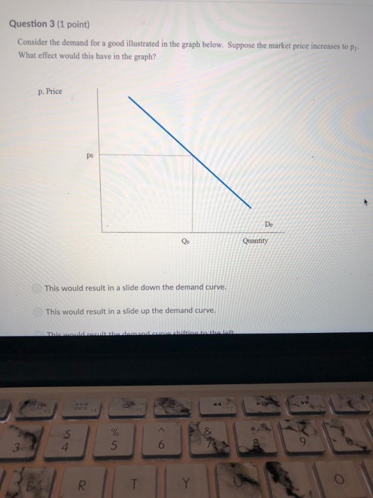 Question 3 (1 point) Consider the demand for a good illustrated in the graph below. Suppose the market price increases to pi. What effect would this have in the graph? p. Price po De Qo Quantity This would result in a slide down the demand curve. This would result in a slide up the demand curve 4 5 6