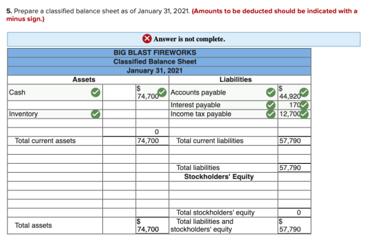 5. Prepare a classified balance sheet as of January 31, 2021. (Amounts to be deducted should be indicated with a minus sign.)