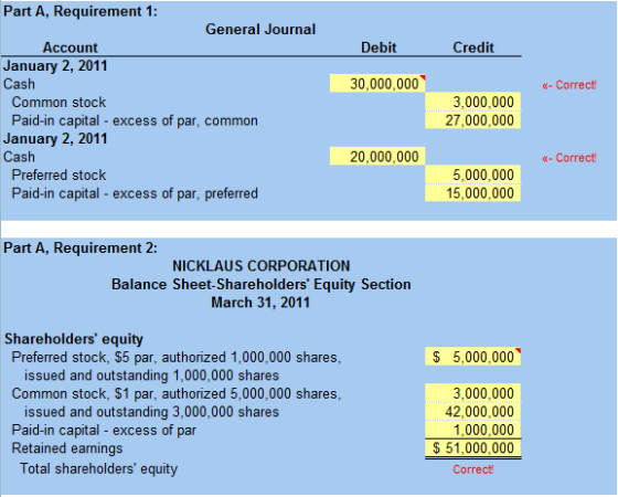 Debit Credit 30,000,000 e-Correct Part A, Requirement 1: General Journal Account January 2, 2011 Cash Common stock Paid-in ca