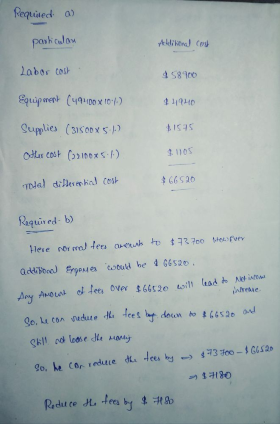 Required a) particulan Additional cost Labor cost 58900 Equipment (49400 X 40:12) $11940 Supplies (31500X 5.)) $1575 Other ca