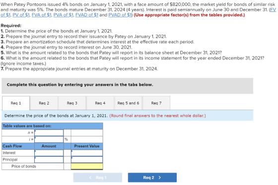 When Patey Pontoons issued 4% bonds on January 1, 2021, with a face amount of $820,000, the market yield for bonds of similar