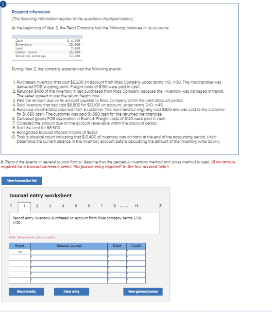 Required Information The following Information applies to the questions displayed below At the beginning of Year 2, the Redd Company had the folloing balances In Its accounts: s 6,989 15,889 7,889 15,690 13,999 Cash Land Conmoni stock Retained earnings During Year 2, the company experienced the following events: 1. Purchased Inventory that cost $5,200 on account from Ross Company under terms 110, n 30. The merchandise was dellvered FOB shipping point. Frelght costs of $190 were pald In cash. 2 Returned $400 of the Inventory It had purchased from Ross Company because the Inventory was damaged In transit. The seller agreed to pay the return frelght cost. 3. Pald the amount due on ts account payable to Ross Company wlthin the cash discount perlod. 4 Sold Inventory that had cost $6,800 for $12.100 on account, under terms 210, n/45 5. Recelved merchandise returned from a customer. The merchandise orlginally cost $900 and was sold to the customer for $1,680 cash. The customer was pald $1,680 cash for the returned merchandise. 6. Delivered goods FOB destination In Event 4. Frelght costs of $140 were pald In cash. 7. Collected the amount due on the account recelvable within the discount perlod. 8. Sold the land for $8,500. 9. Recognized accrued Interest Income of $600. 10. Took a physical count Indicating that $13.400 of Inventory was on hand at the end of the accounting perlod. (Hint Determine the current balance In the Inventory account before calculating the amount of the Inventory write down.) b. Record the events In general Journal format. Assume that the perpetual Inventory method and gross method Is used. (If no entry Is required for a transaction/event, select No Journal entry required in the first account field.) new transaction lst Journal entry worksheet 123 5 6 7 8 15 Record entry inventory purchased on account from Ross company terms 1/10, n/30 Note: Enter debits before credits. Record entry Clear entry Vew general journal
