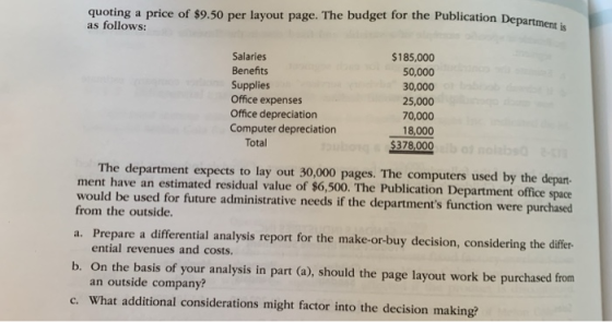 quoting a price of $9.50 per layout page. The budget for the Publication Departme as follows: Salaries Benefits Supplies Offi