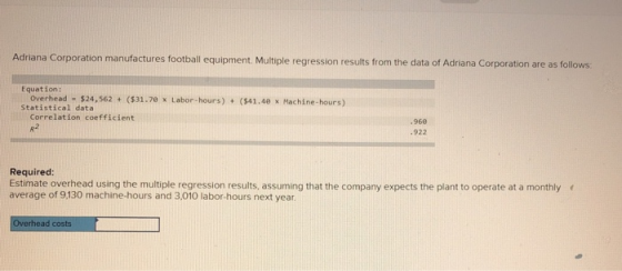 Adriana Corporation manufactures football equipment. Multiple regression results from the data of Adriana Corporation are as