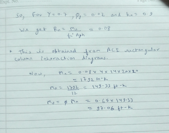 Expt. No.............. ago so for Y=0.7 , P = 0.02 and kn= 0.9 We get Rn= mo fe Agh = 0.08 rectangular this column is obtaine