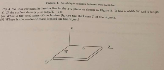 Figure 1. An oblique collision between two particles (3) A flat thin lar lamina lies in the z-y plane as shown in Figure 2. It has a width w and a length L. If the surface density u 1): (a) What is the total mass of the lamina (ignore the thickness T of the object (b) Where is the centre of mass located on the object?