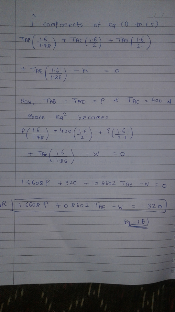 Components Eq.(D to (r) 1-6 -4) TAB TAC TAD 178 2.1 JAE -h TAC -400 N NOW TAB JAD P ВЬove Eq becomes 9-10 +400 2 1 2. +TAE -W