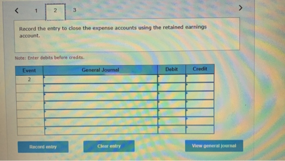 < 1 2. 3 > Record the entry to close the expense accounts using the retained earnings account. Note: Enter debits before cred