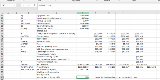 Clipboard Font N Alignment Number Styles E40 X f =IRR(E35:135) A B C F G H J | 1) 2) 3) Ε -$200,000 -$35,000 $5,000 -$240,000