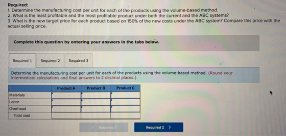 Required: 1. Determine the manufacturing cost per unit for each of the products using the volume-based method. 2. What is the