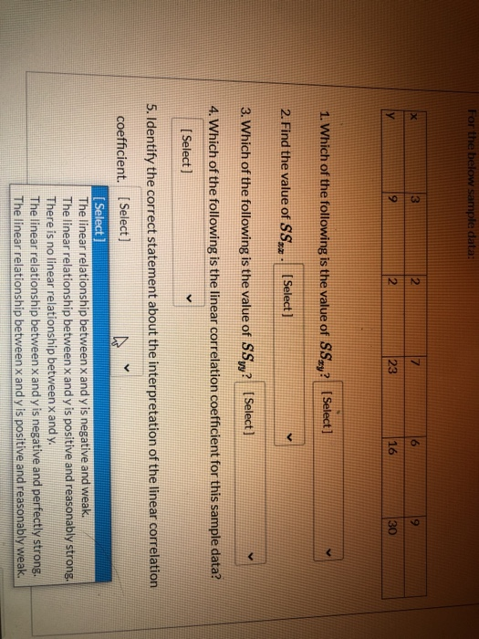 For the below sample data: X 3 2 7 6 Y 9 2 23 16 30 1. Which of the following is the value of SSxy? (Select] 2. Find the valu