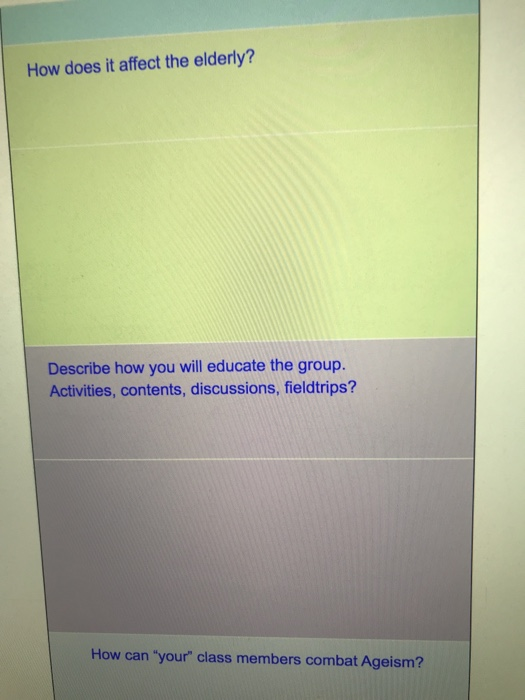 How does it affect the elderly? Describe how you will educate the group. Activities, contents, discussions, fieldtrips? How c