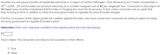 Enrodes is a monopoly provider of residential electricity in a region of northern Michigan. Total demand by its 5 million hou