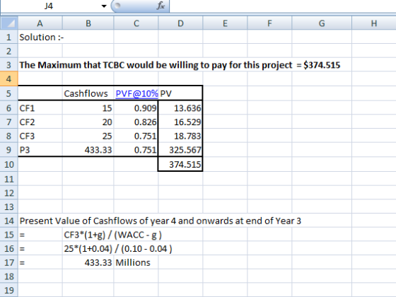 J4 A. В C Е F G Н 1 Solution The Maximum that TCBC would be willing to pay for this project = $374.515 3 4 Cashflows PVF@10%